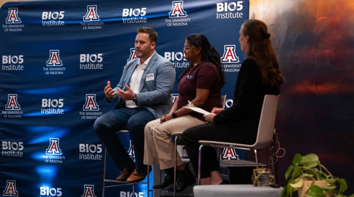 Alex McGhee and Swarna Ganesh speak at a BIO5 event